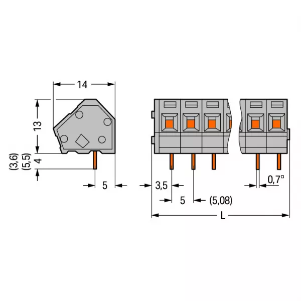 Barrette � bornes CI 2 p�les / 2,5 mm� / Pas 5-5,08 mm / Gris (236-102)