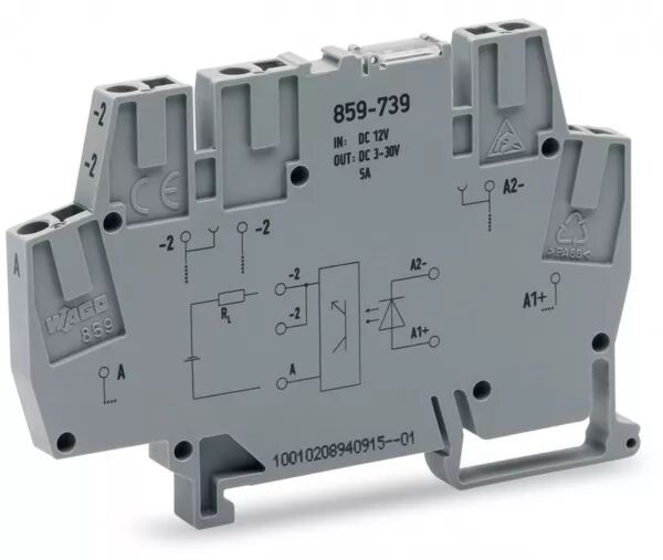 BORNE AVEC OPTOCOUPLEUR 12 V DC / 3..30 V DC - 5 A - 100 HZ - 2 FILS