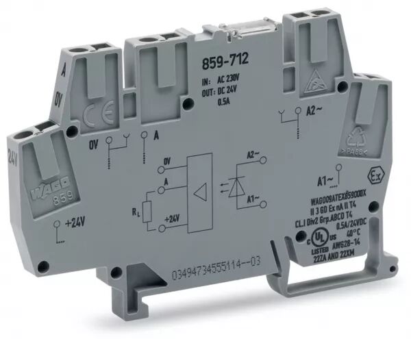 BORNE AVEC OPTOCOUPLEUR 230 V AC / 24 V DC - 500 MA - 3 FILS - COMMUTATION N�GAT