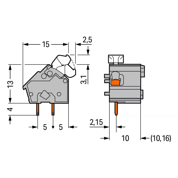 Borne modulaire pour CI  Bouton-poussoir 2,5mm� pas 10/10,16mm 1 p�le, gris (256-661)