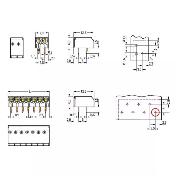 Borne pour CI  1,5mm� pas3.5mm 3 p�les, blanc744-303
