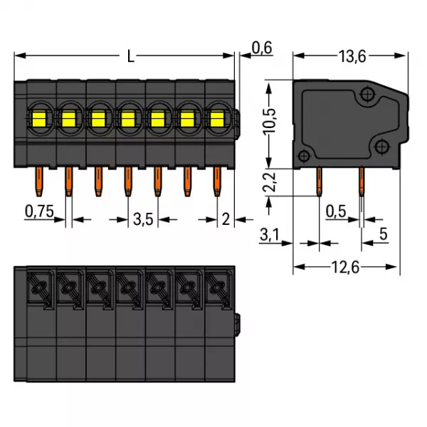 Borne pour CI  THR Bouton-poussoir 1,5mm� pas3.5mm 2 p�les, noir805-302/200-604