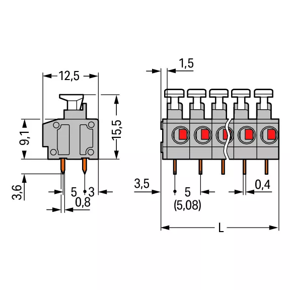 Borne pour circuits imprim�s Bouton-poussoir 1,5mm� pas 5/5.08mm 2 p�les, gris (235-402/331-000)