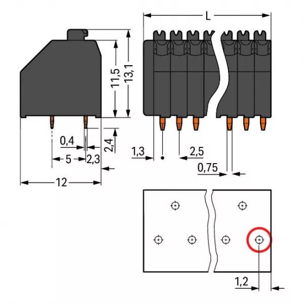 Borne pour circuits imprim�s THR Bouton-poussoir 0.5mm� pas 2,5mm 2 p�les, noir (250-402/353-604)