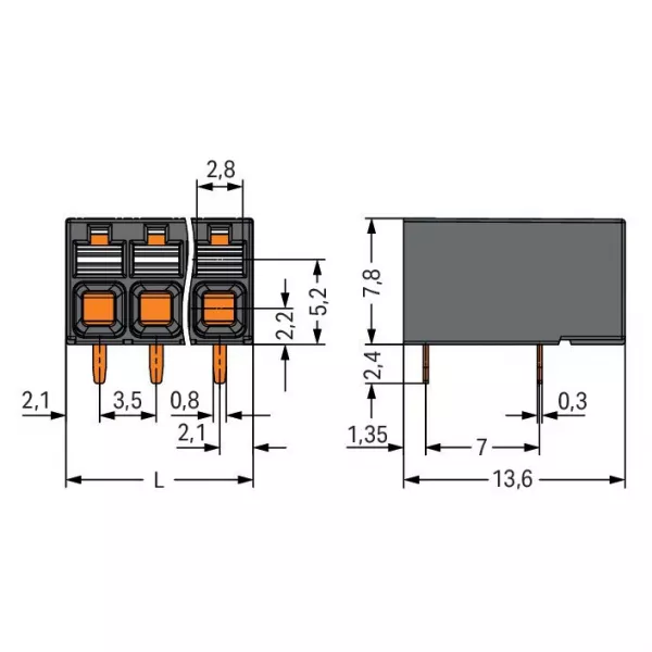 Borne pour circuits imprim�s THR Bouton-poussoir 1,5mm� pas3.5mm 2 p�les, noir (2086-1202)