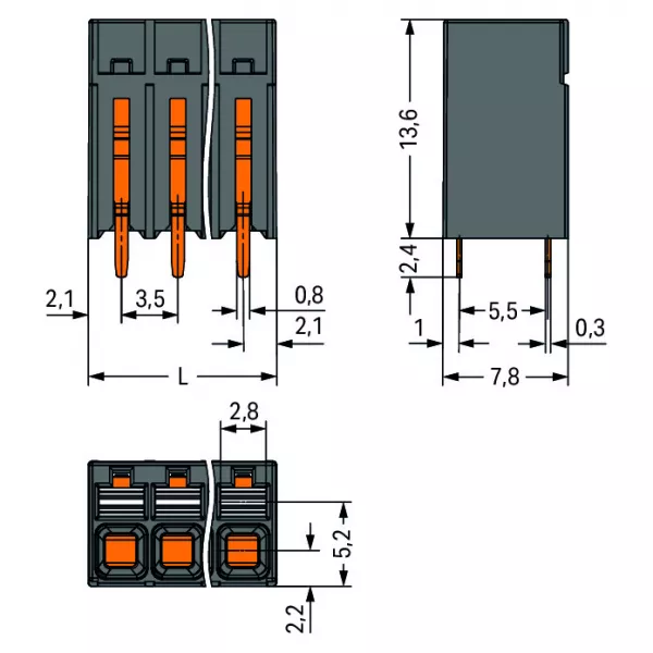 Borne pour circuits imprim�s THR Bouton-poussoir 1,5mm� pas3.5mm 3 p�les, noir (2086-1103)