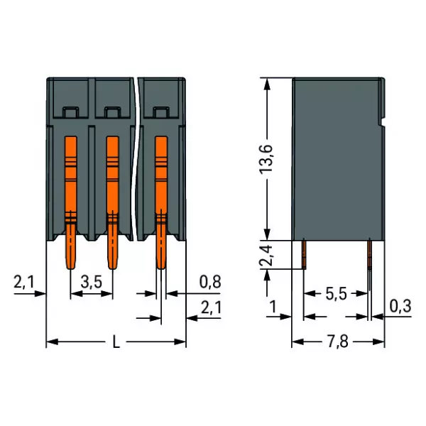 Borne pour circuits imprim�s THR Bouton-poussoir 1,5mm� pas3.5mm 3 p�les, noir (2086-1123)