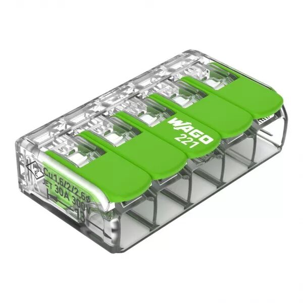 Borne WAGO 221 Green 5x6mm� � leviers souple & rigide (221-625)
