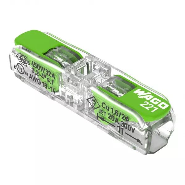 Borne WAGO 221 Green Inline 2x4mm� � leviers souple & rigide (221-2431)