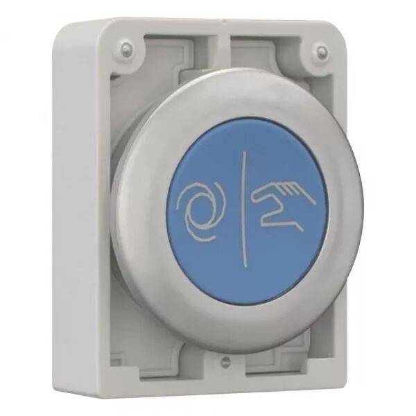 BOUTON POUSSOIR, 30MM, FLUSH, A RAPPEL,BLEU, AVEC INSCRIPTION