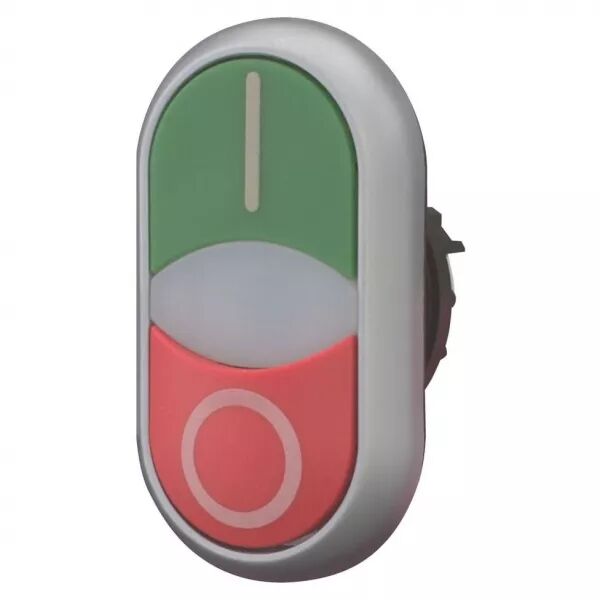 Bouton-poussoir double, voyant lumineux, plat, vert, blanc, bouton d\'arr�t rouge (284830)