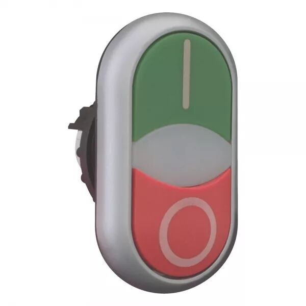 BOUTON-POUSSOIR DOUBLE, VOYANT LUMINEUX, PLAT, VERT, BLANC, BOUTON D\'ARR�T ROUGE