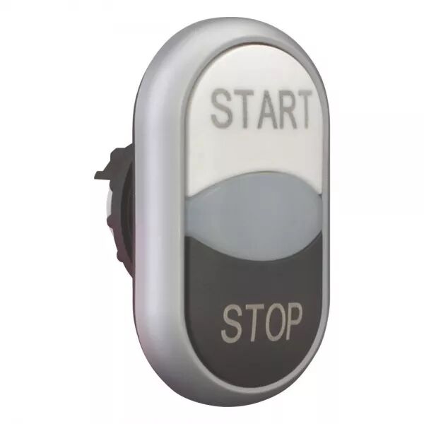 BOUTON-POUSSOIR DOUBLE AVEC �LEMENT DEL, BLANC START/BLANC/NOIR STOP