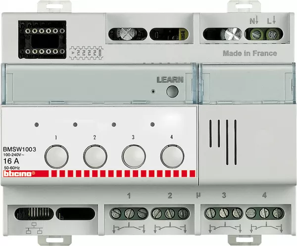 bticino-actionneur 4 relais ind�pendants 16a �clairage on et off myhome_up - 6 modules (bmsw1003)