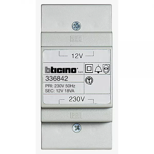 bticino-alim alternative 230v/12v~ / transfo pour �clairage porte-�tiquette - 3mod. din (336842)