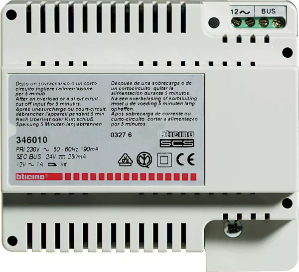 bticino-alimentation bus 230v sortie 27v= 0.5a pour 26 appels - 6 modules din (346010)