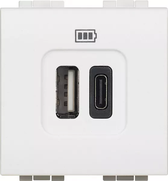 bticino-chargeur 2 usb type-a + type-c 3a 5v= 15w livinglight 2 modules 230v - blanc (btn4287c2)