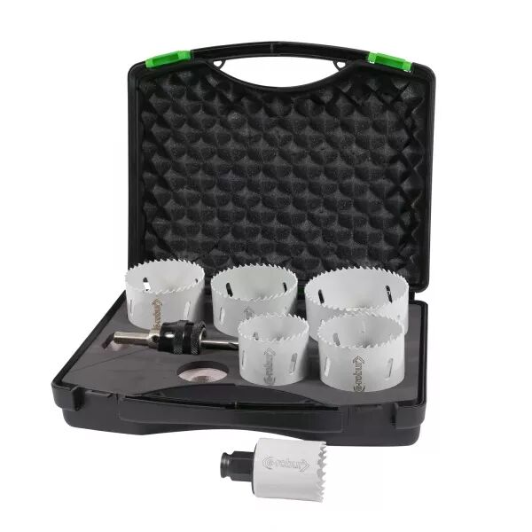 COFFRET DE 6 SCIES TR�PAN HSS BIM�TAL 40-54-65-68-73-86 MM AVEC ARBRE MOTEUR.