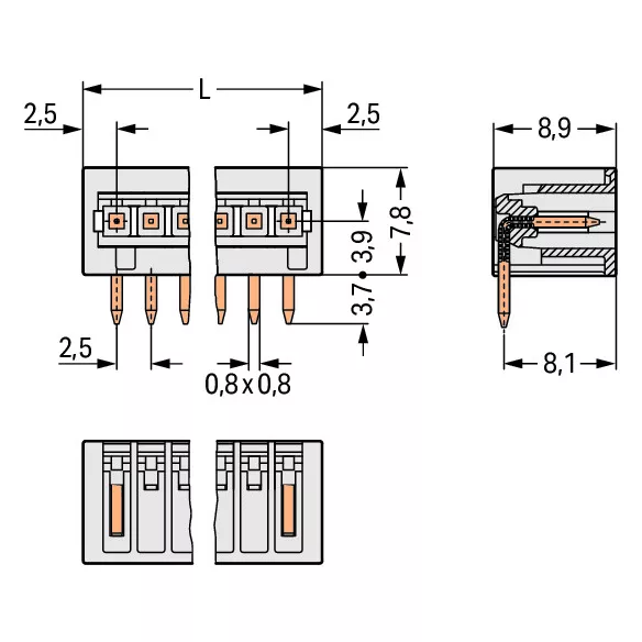 Connecteur CI m�le coud�, 2 p�les / Pas 2,5 mm733-362