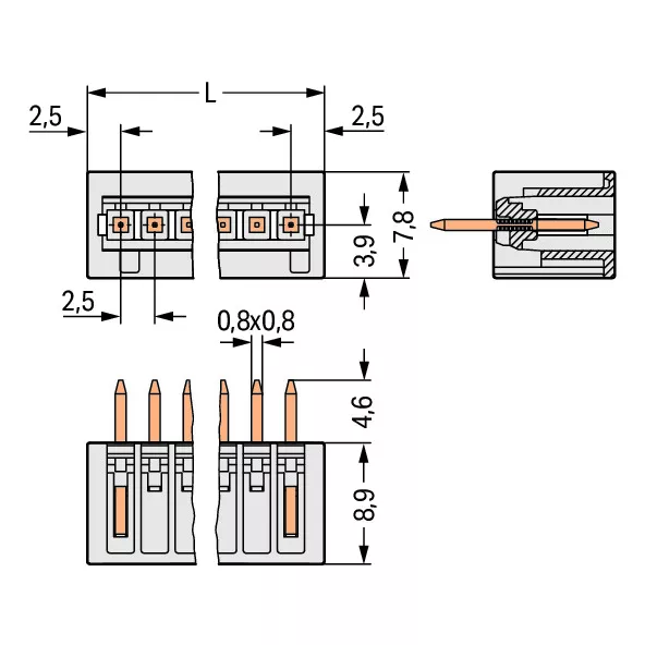 Connecteur CI m�le droit, 2 p�les / Pas 2,5 mm733-332