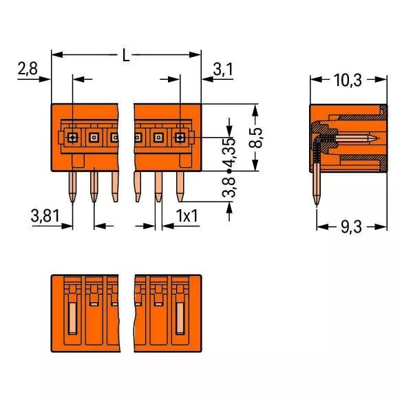 Connecteur m�le avec parois lat�rales, 2 p�les / Pas 3,81 mm734-262