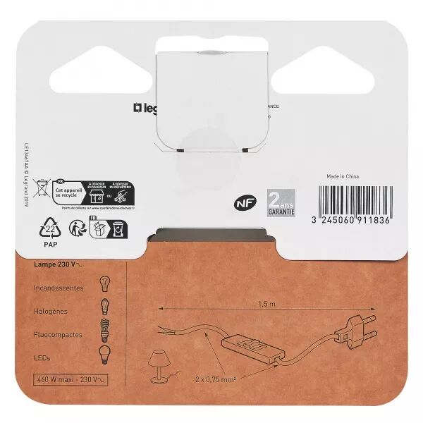 CORDON PR�-�QUIP� POUR LAMPE AVEC FICHE M�LE ET INTERRUPTEUR 2A - BLANC