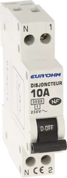 Disjoncteur  1P+N 10A NF courbe C connexion vis haut/bas 3kA (20010)