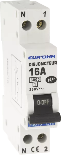 Disjoncteur  1P+N 16A NF courbe C connexion vis haut/bas 3kA (20016)