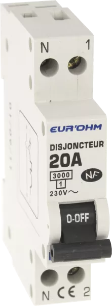 Disjoncteur  1P+N 20A courbe D connexion vis haut/bas 3kA (20021)