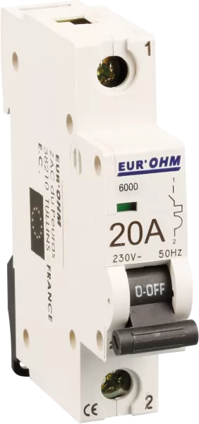 Disjoncteur 1P 20A courbe C connexion vis haut/bas  6kA (20106)