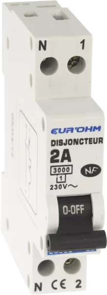 Disjoncteur 1P+N 2A NF courbe C connexion vis haut/bas 3kA (20002)