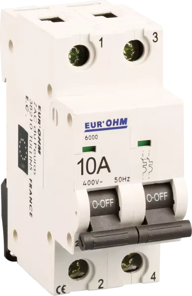 Disjoncteur 2P 10A courbe C connexion vis haut/bas  6kA (20124)