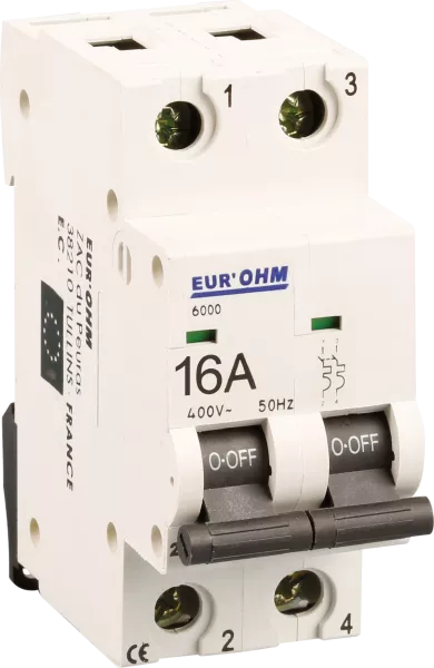 Disjoncteur 2P 16A courbe C connexion vis haut/bas  6kA (20125)