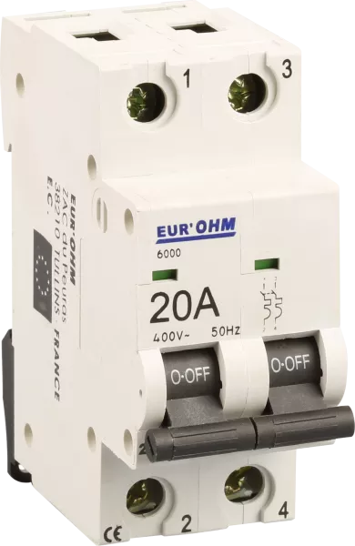 Disjoncteur 2P 20A courbe C connexion vis haut/bas  6kA (20126)