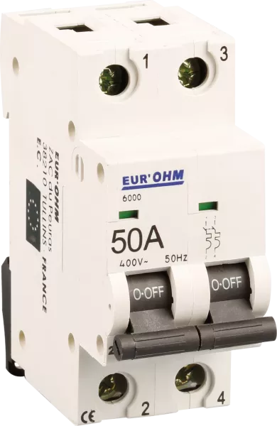 Disjoncteur 2P 50A courbe C connexion vis haut/bas  4,5kA (20130)