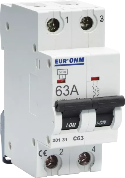 Disjoncteur 2P 63A courbe C connexion vis haut/bas  4,5kA (20131)