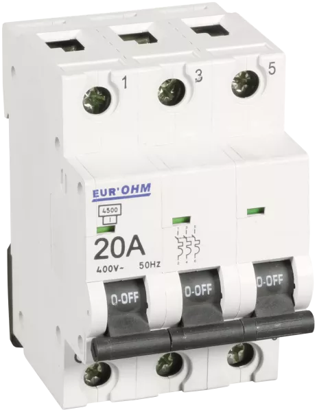 Disjoncteur 3P 20A courbe C connexion vis haut/bas  6kA (20146)