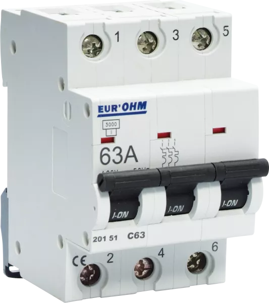 Disjoncteur 3P 63A courbe C connexion vis haut/bas  4,5kA (20151)