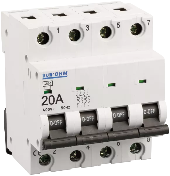 Disjoncteur 4P 20A courbe C connexion vis haut/bas  6kA (20166)