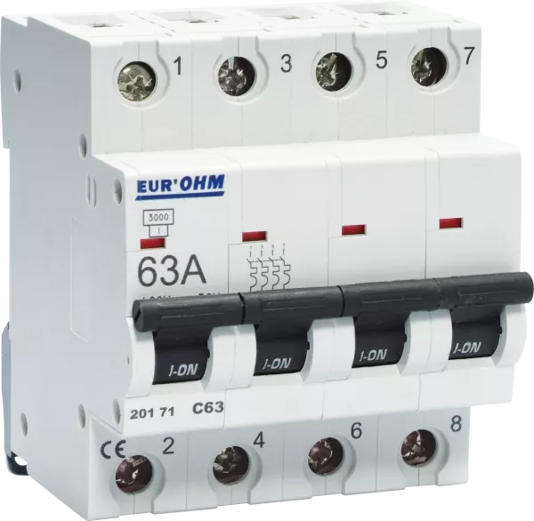 Disjoncteur 4P 63A courbe C connexion vis haut/bas  4,5kA (20171)
