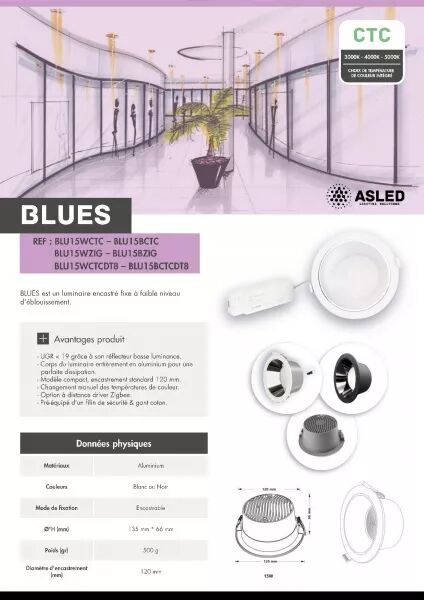 DOWNLIGHT BLUES NOIR BRILLANT 20W DALI 3000-5000K UGR<19