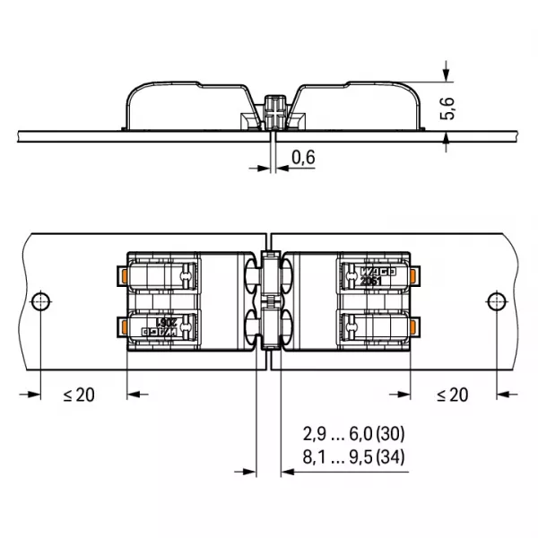 �l�ment de raccordement pas 6mm 1 p�le, blanc Longueur 30mm (2061-901)