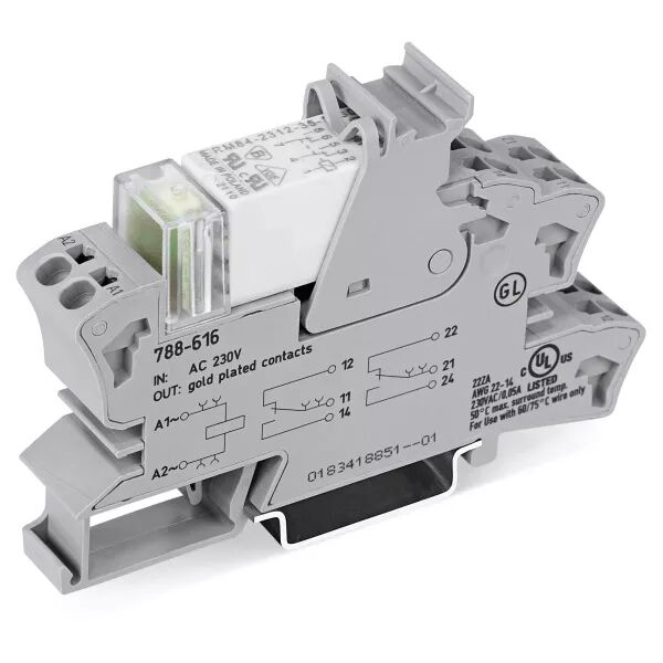 Embase avec relais H 15 mm 230 V AC - 2 RT - Contacts dor�s788-616
