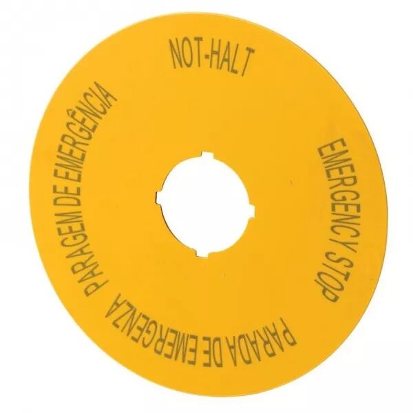 �tiquette, arr�t d\'urgence, D=90mm, jaune, DE, EN, ES, PT (121086)