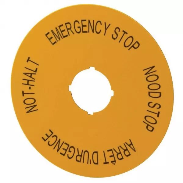 �tiquette, arr�t d\'urgence, D=90mm, jaune, DE, EN, n�erlandais, FR (121087)