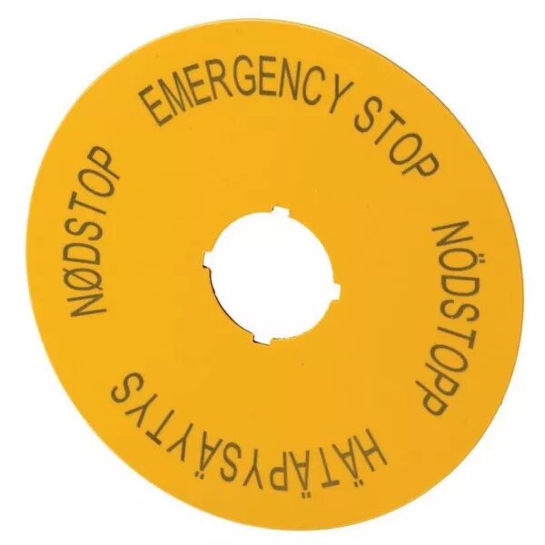�tiquette, arr�t d\'urgence, D=90mm, jaune, EN, SV, FI, DA (121088)