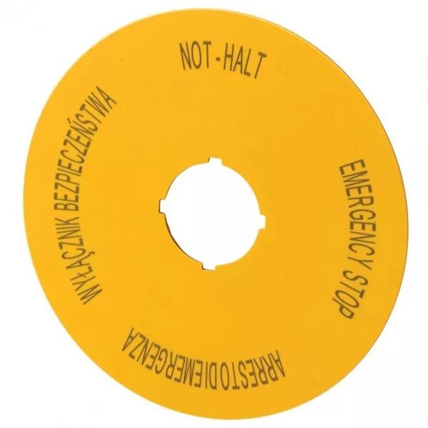 �tiquette, arr�t d\'urgence, D=90mm, jaune, PL, EN, DE, IT (167640)