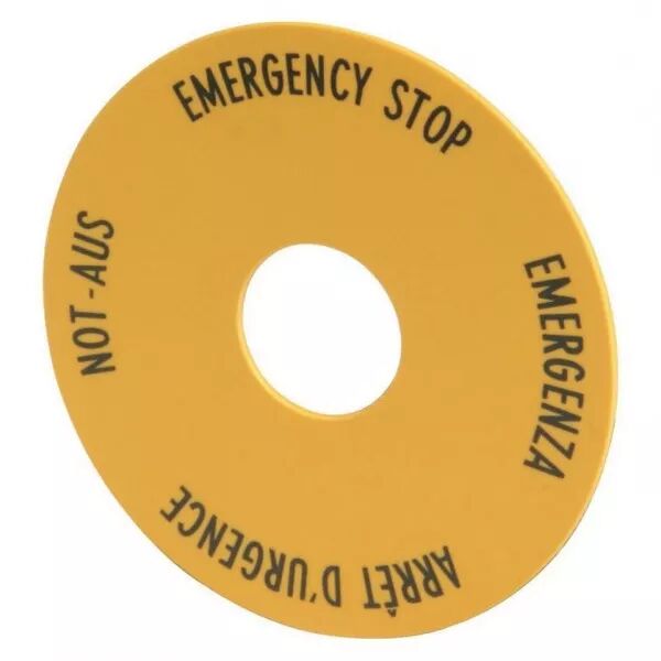 �tiquette, arr�t d\'urgence, jaune, D=90mm, 4 langues, DE, EN, FR, IT (216465)