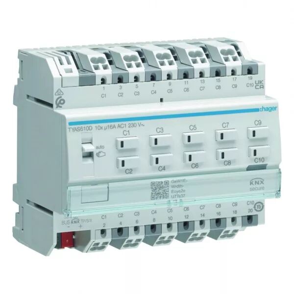 HAGER - Actionneur KNX Secure 10 sorties 16A/230V charge capacitive config Mode Easy/ETS (TYAS610D)