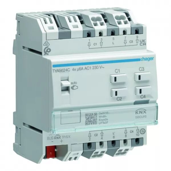 HAGER - Actionneur KNX Secure 4 sorties volets et stores � bannes pour moteur 6A/230V (TYAS624C)
